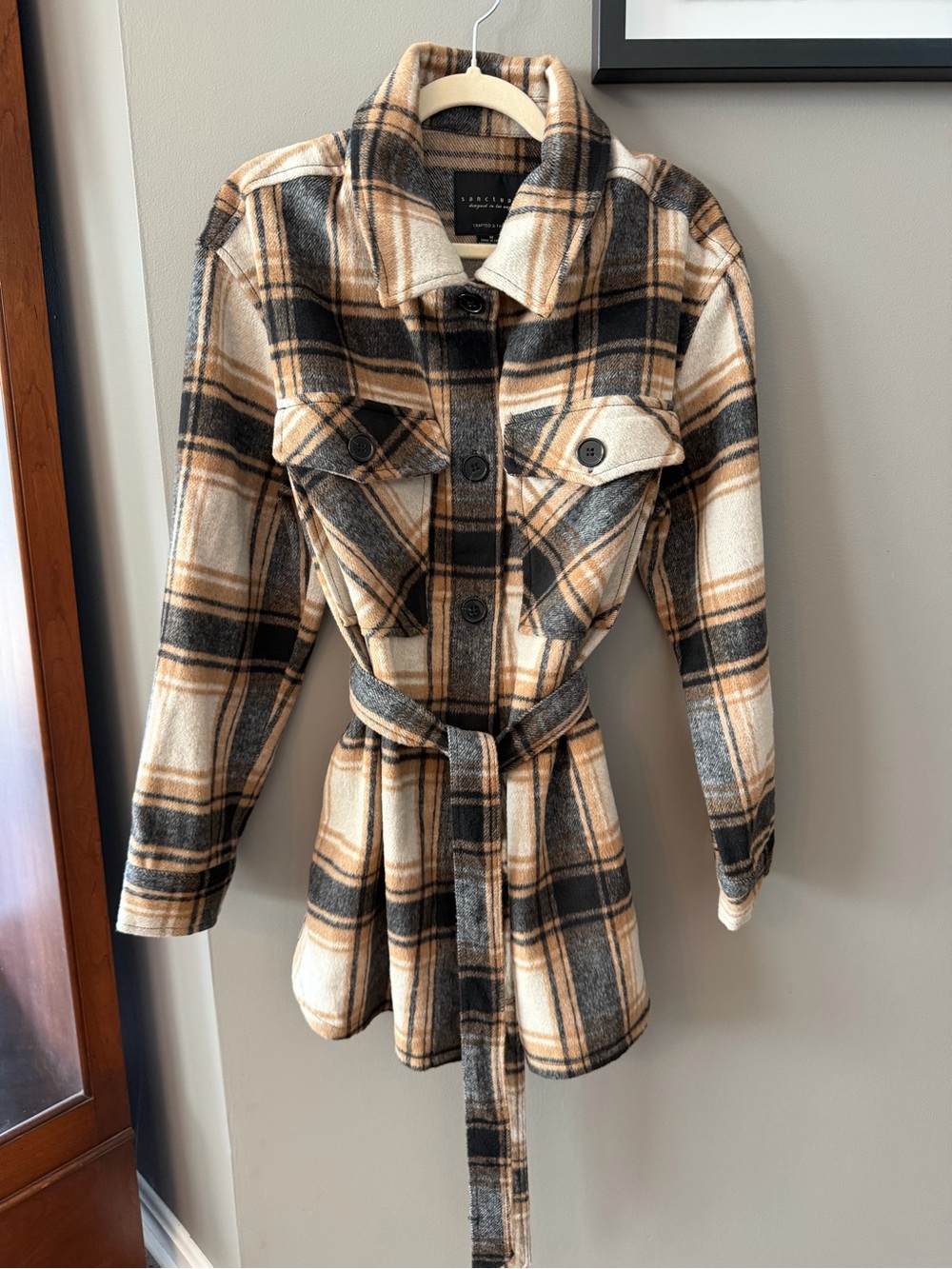 Sanctuary Tan Black Plaid Belted Flannel Shacket Coat/Jacket. Medium